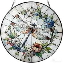 Dragonfly & Floral Acrylic Sun Catcher Round Stained Glass Style Hanging Ornament - Multicolor - View 4