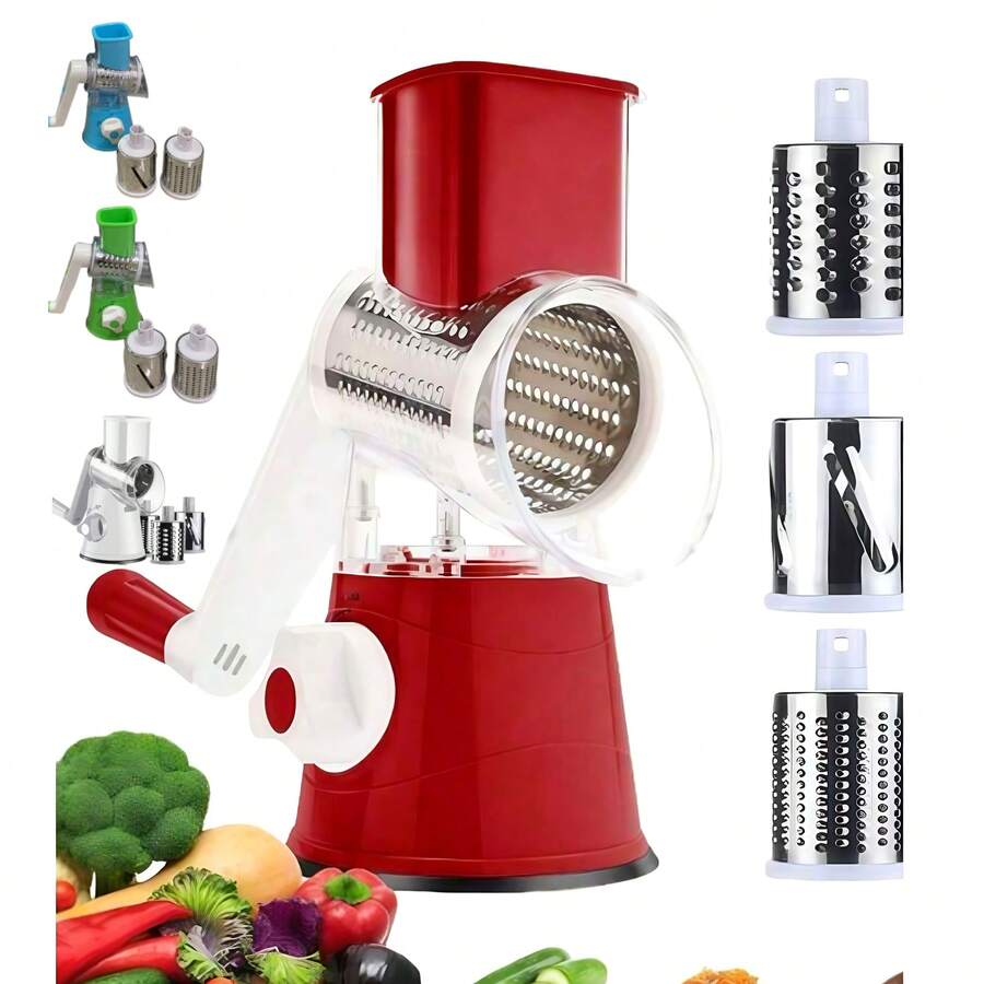 3件套可互换刀片手持式旋转奶酪刨丝器和蔬菜切片器 - 厨房套装 - 可用于刨丝奶酪、土豆、西葫芦、坚果和巧克力 - 彩色 - 查看 1