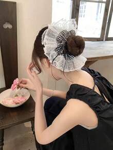 Plaid & Polka Dot Lace Trim Scrunchie, Versatile Fabric Hair Tie For Spring/Summer - Multicolor - View 6