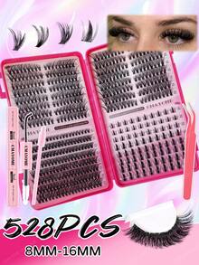 608/544/528片装DIY单根假睫毛，多款式假睫毛一盒，8-16毫米混合长度条状假睫毛，柔软持久，套装包含睫毛胶、定型液、刷子和镊子，适合日常、约会、派对和节日，易于佩戴。 - 粉色 - 查看 4