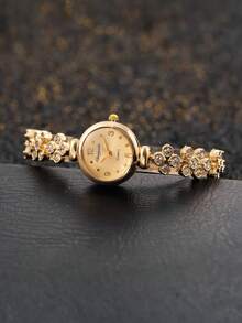 1pc Women's Alloy Strap Fashion Luxury Quartz Watch, Inlaid With Crystals, Black Round Dial Minimalist Elegant. Suitable For Daily Wear, Casual Gatherings Or Formal Occasions. An Ideal Gift For Women's Birthday, Anniversary Or Christmas. An Elegant Formal Watch For Women, A Perfect Gift For Friends And Family. An Ideal Gift Watch For Enthusiasts. - Gold - View 4