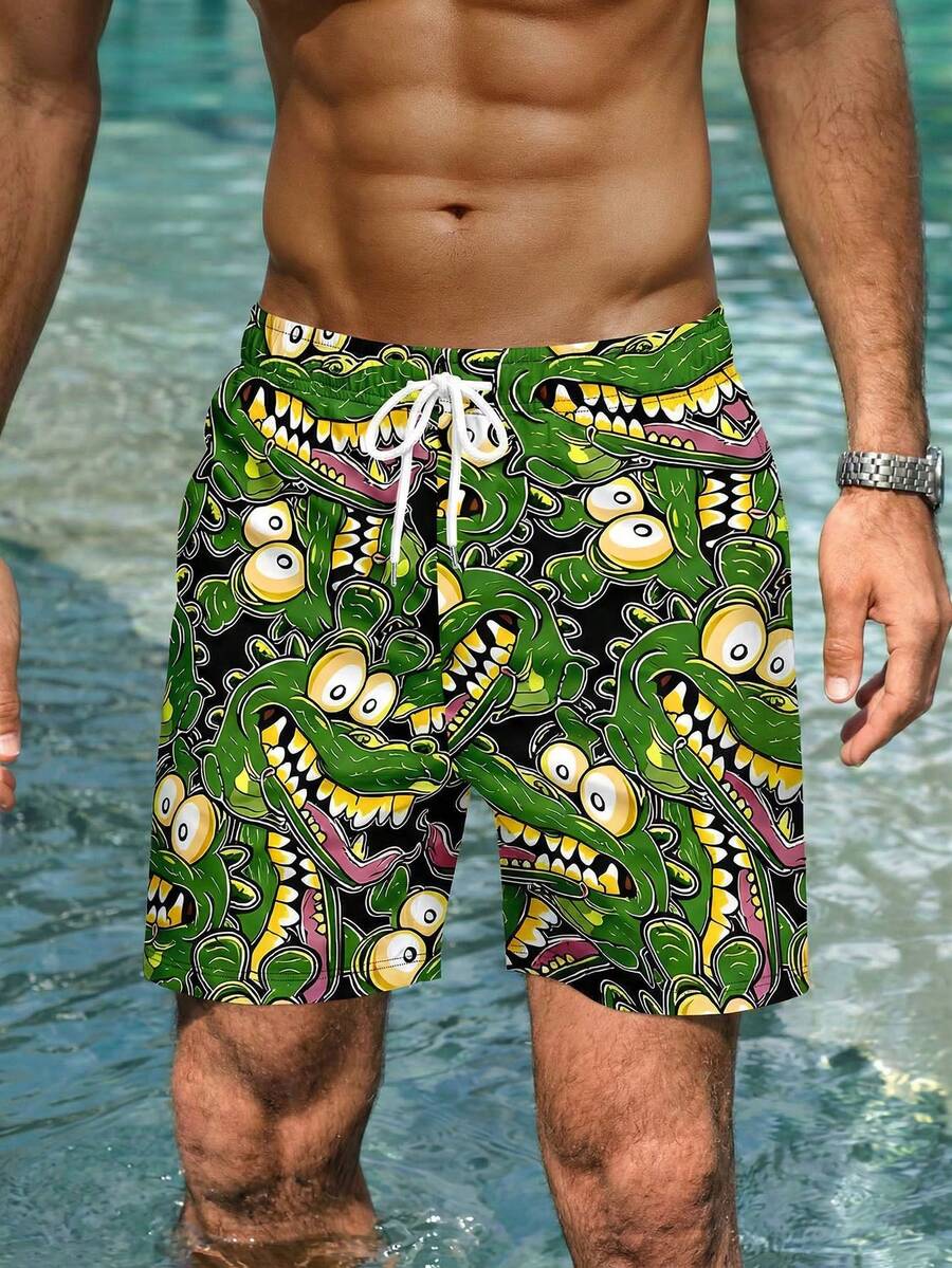男士休闲鳄鱼纹沙滩短裤，度假风 - 彩色 - 查看 1