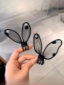 2pcs Rabbit Design Polka Dot Bow Pearl Princess Hair Clips, Cute & Sweet Side Bangs Hair Accessories - Black - View 1