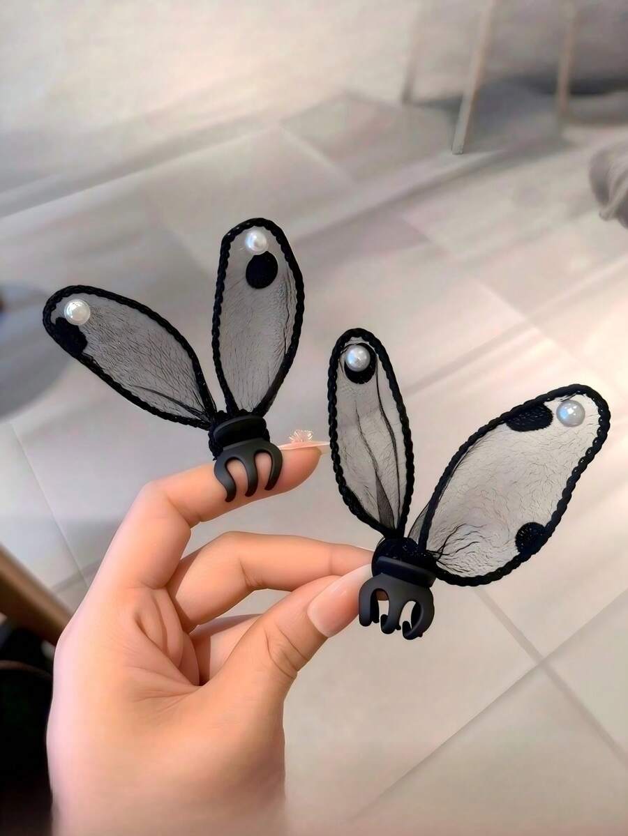 2pcs Rabbit Design Polka Dot Bow Pearl Princess Hair Clips, Cute & Sweet Side Bangs Hair Accessories - Black - View 1