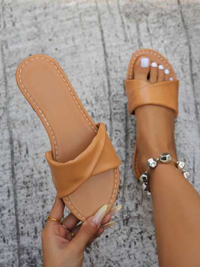 Summer New White Cute Flat Sandals Women, Fashion Casual Thong Slippers With Yellow Sole Square Toe