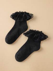 2 Pares Calcetines De Media Caña Para Mujeres Con Borde De Encaje - Negro - Ver 7