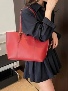 两件套纯色大容量单肩手提包和手拿包，采用PU皮革材质，适合女孩、女士日常使用、工作和购物，也可作为母女装，是母亲节的最佳礼物之选。 - 紅色 - 查看 4