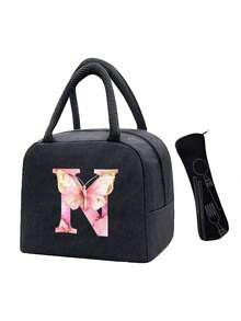 Pink Butterfly & Letter Pattern Insulated Lunch Bag, Thermal Lunch Box, Suitable For Students, Office, Camping, Picnic, School, University, Lightweight Portable Canvas Lunch Storage Bag - Multicolor - View 20