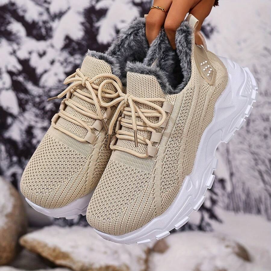 FZY 2026 Winter New Style Snow Boots, Leather-Lined Athletic Shoes - Soft And Warm Knitted Casual Walking Shoes, Lightweight And Slip-Resistant Outdoor Winter Shoes, Suitable For Women's Commuting And Office Wear, Also Essential Boots For Women's Easter Outfits, Comfortable And Versatile Women's Snow Boots For Winter Vacation And Travel, Easter Gift - Winter Women's Tennis Shoes - 杏色 - 查看 1