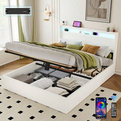 Upholstered Bed Frame With Hydraulic Lift, 4.6FT Double Size Bed Frame With Slatted Frame And Storage Space, Functional Ottoman Bed, 16 Colors LED Lighting, Elegant PU Finish, White, 135 X 190 Cm