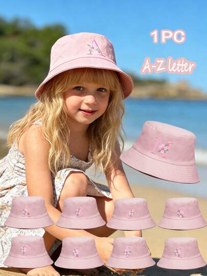 1顶儿童花朵字母图案时尚渔夫帽，多功能遮阳帽，适合女婴，春季、夏季、休闲、户外、上学等场合，可作礼物
