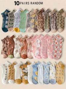 5双/10双/20双随机多色压花图案袜子，舒适透气，适合校园和大学穿着。它们轻便时尚，男女皆宜，是校园派对、日常居家休闲穿着的理想之选。柔软舒适的男女短袜，是必备单品。 - 彩色 - 查看 5