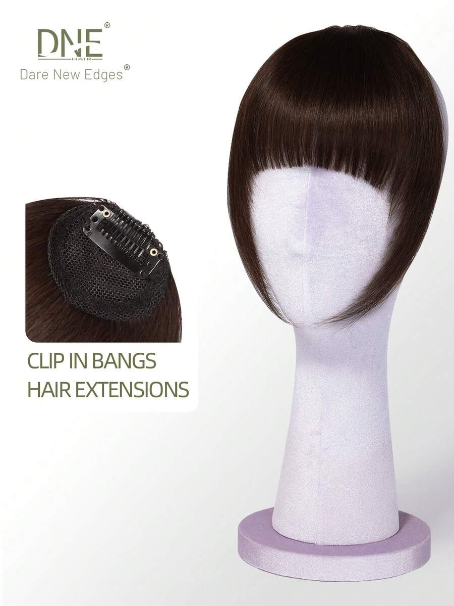 DNE HAIR 100% Human Hair Clip-On Bangs #2 Dark Brown, Natural Looking Hairpiece With Hairline For Women & Girls, Daily Wear - S2 - View 1
