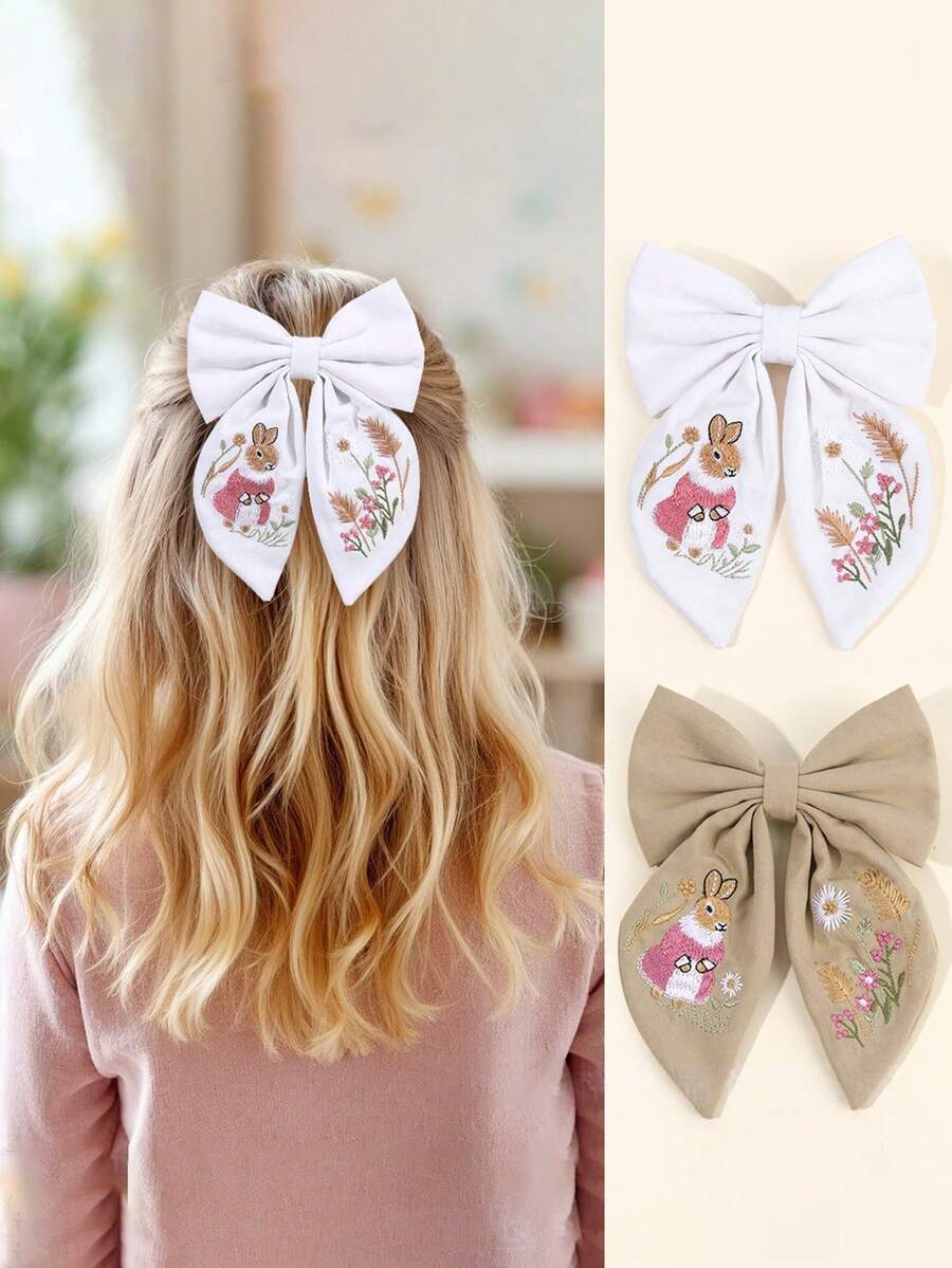 1个可爱复活节兔子蝴蝶结发夹，白色布艺兔子刺绣发饰，燕尾发饰，适合女孩、青少年、朋友、节日、派对、礼物 - 彩色 - 查看 1