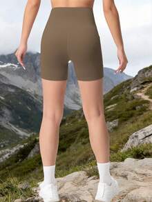 女士户外短裤，带口袋，提腰收紧修身短裤 - 棕色 - 查看 4