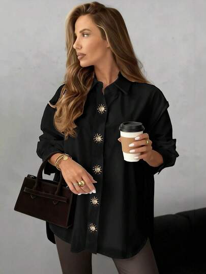Solstice Apparel Front Button Embellished Metal Sun Disc Dropped Shoulder Lapel Collar Loose White Women Shirt Winter Black