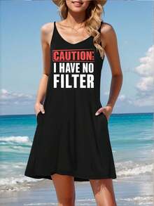 Caution No Filter - Direct And Raw Expression Summer Dresses For Women Casual Sundress Beach Pocket Loose - 黑色 - 查看 1