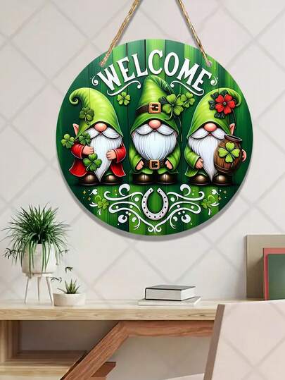 2D Flat, 1pc St. Patrick's Day Wooden Welcome Sign With Leprechaun, Size 25x25cm/30cmx30cm Round Wall Decor, Green Clover Design, Multi-Purpose Indoor/Outdoor Decoration, Includes Floral Wreath Decor, Holiday Welcome Sign | Leprechaun Theme Decor | Durable Wall Decor