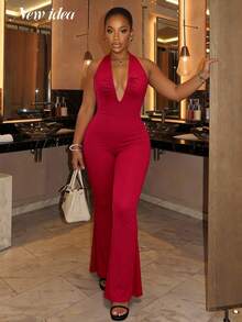 女士红色吊带喇叭连体裤，优雅性感时尚褶皱连体裤，女士派对连体裤，优雅派对装扮，修身连体裤 - 酒紅色 - 查看 5