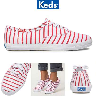  Keds Champion Women Breton Stripe Canvas Shoes White & Red, Rubber Outsole Casual Lace-Up Sneakers Comfortable Trainers, Size 3