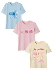 3pcs/Set Summer New Casual Floral, Starfish, Shell Print Round Neck Short Sleeve T-Shirts, Fashionable Versatile Suitable For Beach Vacation Wear - Light Blue, Pink, and Apricot - View 2