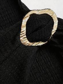 女士纯色休闲打结针织连衣裙，饰以纯色金属扣，优雅时尚，适合办公室、居家、日常穿着、度假及各种场合，四季皆宜，春季黑色款 - 黑色 - 查看 5