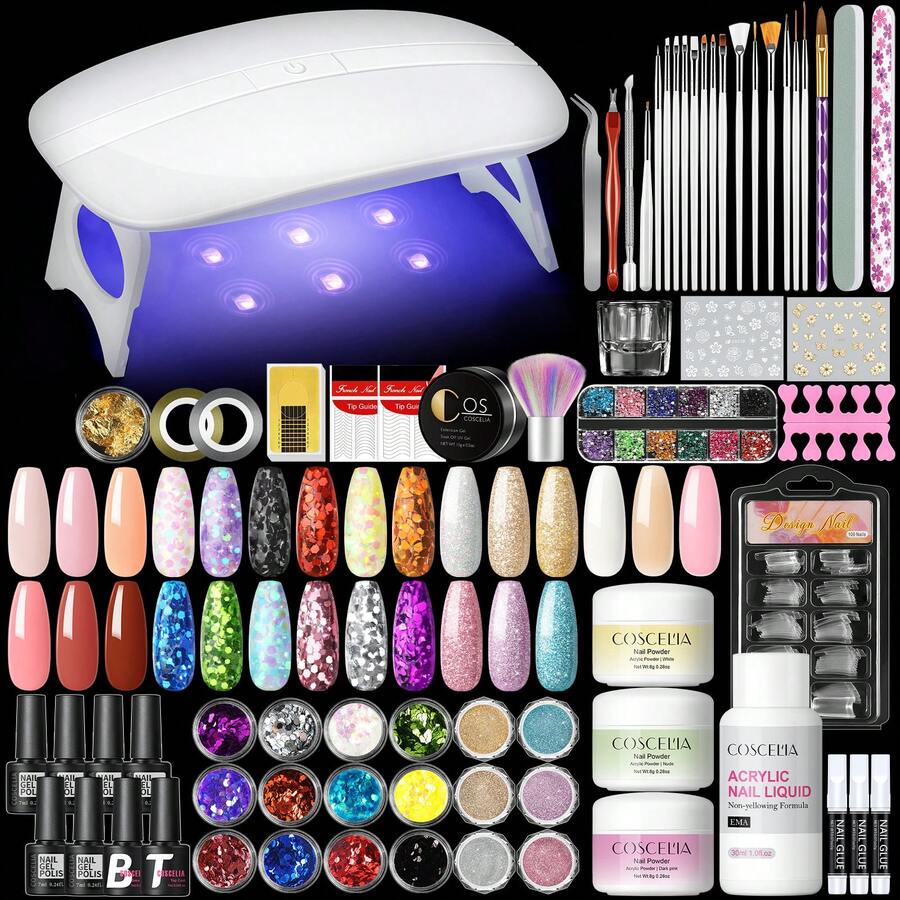 coscelia Acrylic Nail Kit With UV LED Nail Lamp Acrylic Powder Set Glitter Nail Powder With 30ML Acrylic Liquid And Gel Nail Polish Set For Acrylic Nail Extension Nail Art Decoration Tools Set - Nhiều màu 05 - Xem 1