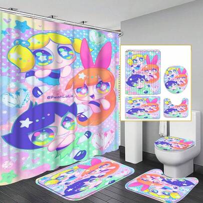 4pcs "Super Kid" Bathroom Set, Including Waterproof Shower Curtain With 12 Hooks, Cute Cartoon Pattern Bathroom Accessories, Easy Installation And Machine Washable Curtain, Suitable For Home Use