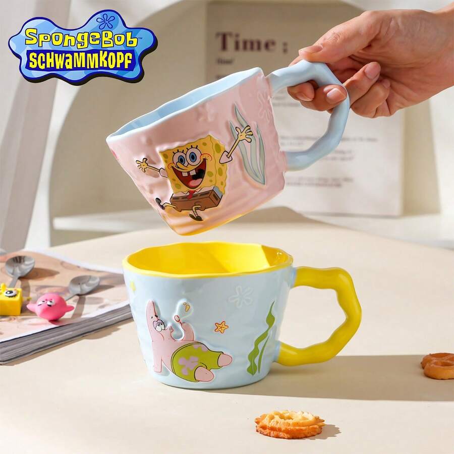 SpongeBob SquarePants 11盎司创意陶瓷咖啡杯，趣味3D卡通人物手柄茶杯，收藏级饮具套装，适用于办公室和家庭厨房，可放入洗碗机和微波炉，是粉丝的完美生日和圣诞礼物，多种款式可选 - 彩色 - 查看 1