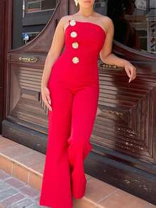 ChicMe Mono asimétrico sin tirantes con decoración de hebilla metálica para mujer, mono ajustado de pierna ancha sexy para fiesta de cóctel - Rojo - Ver 5