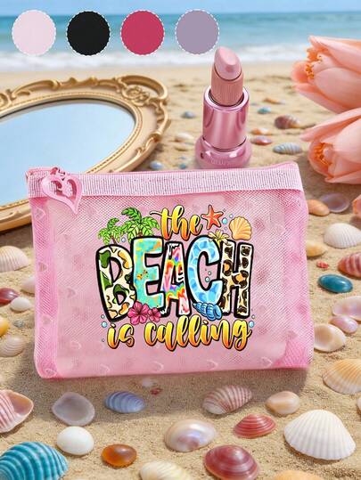 1pc Mini Portable Mesh Makeup Bag Printed With The Beach Is Calling Pattern, For Travel Storage Bag,Makeup Bag,Cosmetic Bag,Vacation Organizer, Skincare Bag, Lip Oil Storage Bag,Mother'S Day Gift, Birthday Gifts, Bathroom Storage, Student Dormitory Wash Bag,Gift To Wife, Family, Friends