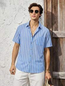 Mercer Haus 男士时尚休闲蓝白条纹透气度假风格短袖衬衫，春夏 - 彩色 - 查看 1