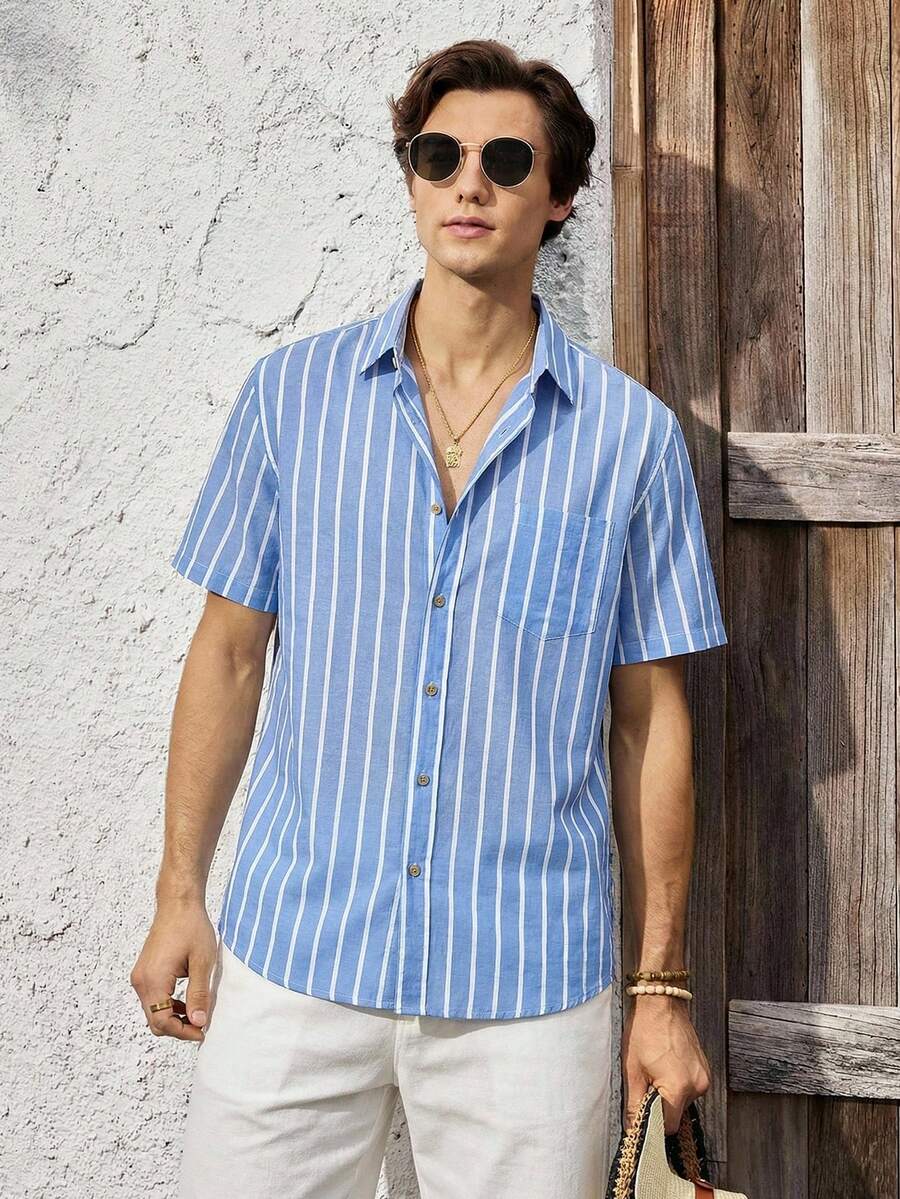 Mercer Haus 男士时尚休闲蓝白条纹透气度假风格短袖衬衫，春夏 - 彩色 - 查看 1