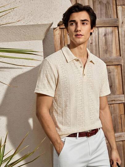 Mercer Haus 男士时尚经典个性纯色镂空纹理 Polo 领半扣休闲短袖上衣，适合日常休闲、通勤、街头夏季新品，也适合在夏威夷享受夏季热带假期。
