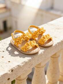 女婴凉鞋，夏季婴儿伴娘平底鞋，新生儿幼儿鞋，黄色 - 黃色 - 查看 4