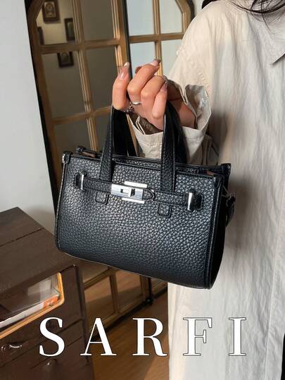 High-End And Elegant Women's Square Handbag With Metal Strap Decoration; Fashionable And Modern Style Pure Black Handbag With Lychee Pattern Fabric; Urban Commuting Style With Detachable And Adjustable Shoulder Strap Crossbody Bag; Suitable For Shopping, Travel, Practical, Lightweight, And Easy To Carry