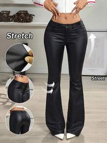 Women Black Faux Leather Flare Pants Y2K Sexy Streetwear Coated Faux PU Leather Pants Loose Casual Micro Flare Leather Pants,2026 Summer - Black - View 1