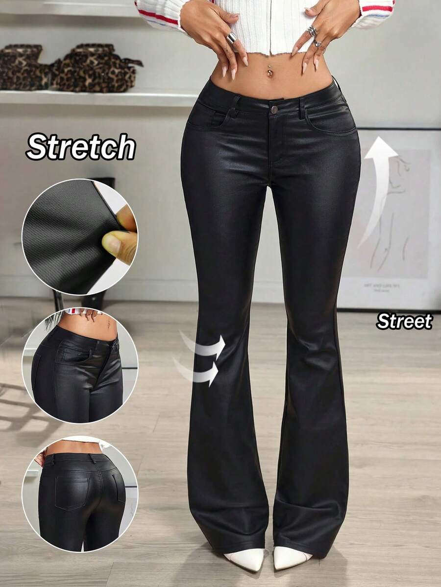 Women Black Faux Leather Flare Pants Y2K Sexy Streetwear Coated Faux PU Leather Pants Loose Casual Micro Flare Leather Pants,2026 Summer - Black - View 1