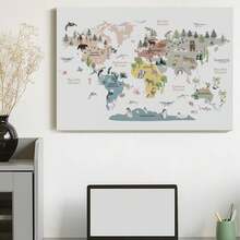 1pc Framed Canvas Poster World Map Poster, Animals Of The World Print, Educational Posters Wall Art For Living Room Decor, Wall Decor For Bedroom Decor, Home Decor Room Decor Framed, Wall Art With Frame - G - 查看 6