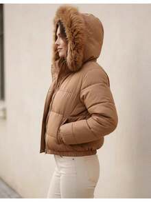 Women's Winter Jacket With Lined Puffer Hood And Fleece Lining - 鏽棕色 - 查看 4
