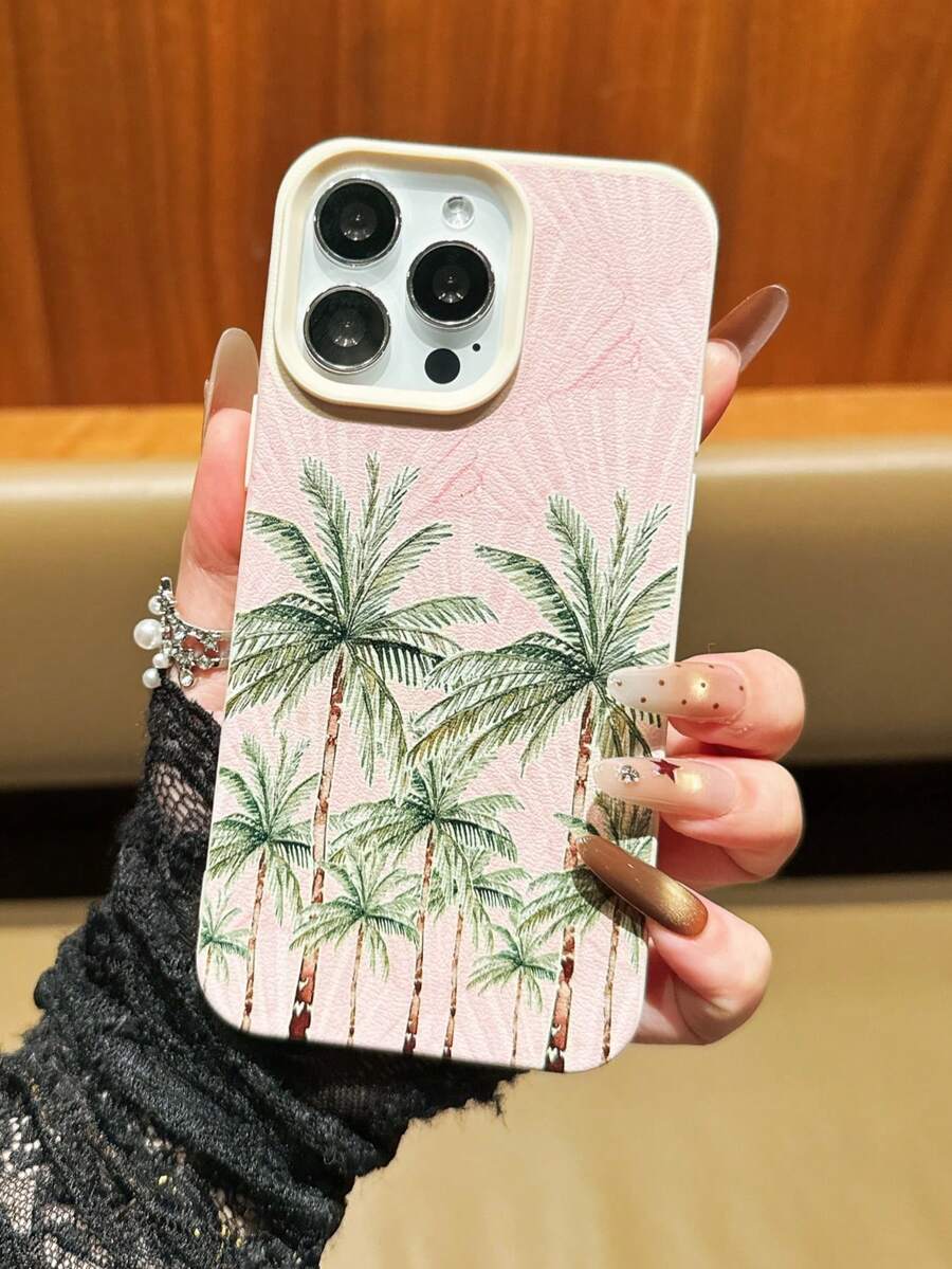 1 chiếc ốp lưng điện thoại TPU chống rơi, màu hồng nhạt, họa tiết cây dừa, vân vải màu be, tương thích với iPhone 11 12 13 14 15 16 17 Pro Max, A55/54/53/52/51, S25/24/23/22/21 Series - Nhiều màu - Xem 1