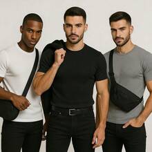 Kit Of 3 Men's Ribbed T-Shirts, American Slim Fit, 100% Cotton - White, Black and Gray - View 6