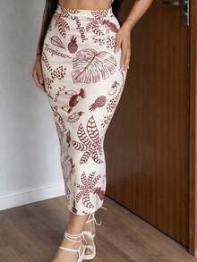 Women's Midi Skirt With Tropical Toucan Print (Top Not Included) - Mocha Brown - View 2