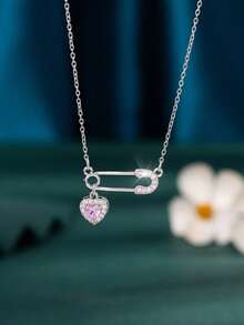 1pc Fashion Safety Pin Necklace With Cubic Zirconia Heart Pendant, Stainless Steel Chain, Copper Pendant Zirconia Inlaid With Quality , Valentine's Day Gift For Women, Everyday Wear - Pin - View 7