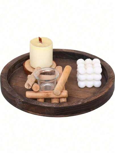 1PC Wooden Decorative Tray Vintage Style Candle Holder Stand For Home Decor Rustic Wood Tray With Handles Multipurpose Serving Tray For Dining Table Coffee Table Centerpiece