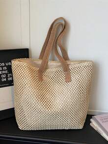 2026 Summer New Vacation Style Straw Woven Tote Bag, Large Capacity Slouchy Atmosphere Woven Handbag For Women - Beige - View 7