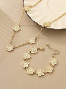 1 Set de Joyería de Collar con Colgante de Trébol de Lujo con Rhinestones y Pulsera, Accesorios Elegantes de Moda para Fiesta/Cita - Amarillo Oro - Ver 2