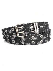 New Fashionable Luxury Men's Hollow Star Buckle Belt, Black Punk Jeans Accessory Hiphop Y2K Style Belt, Suitable For Jeans, Dresses, Casual Wear And Parties - Black - View 3