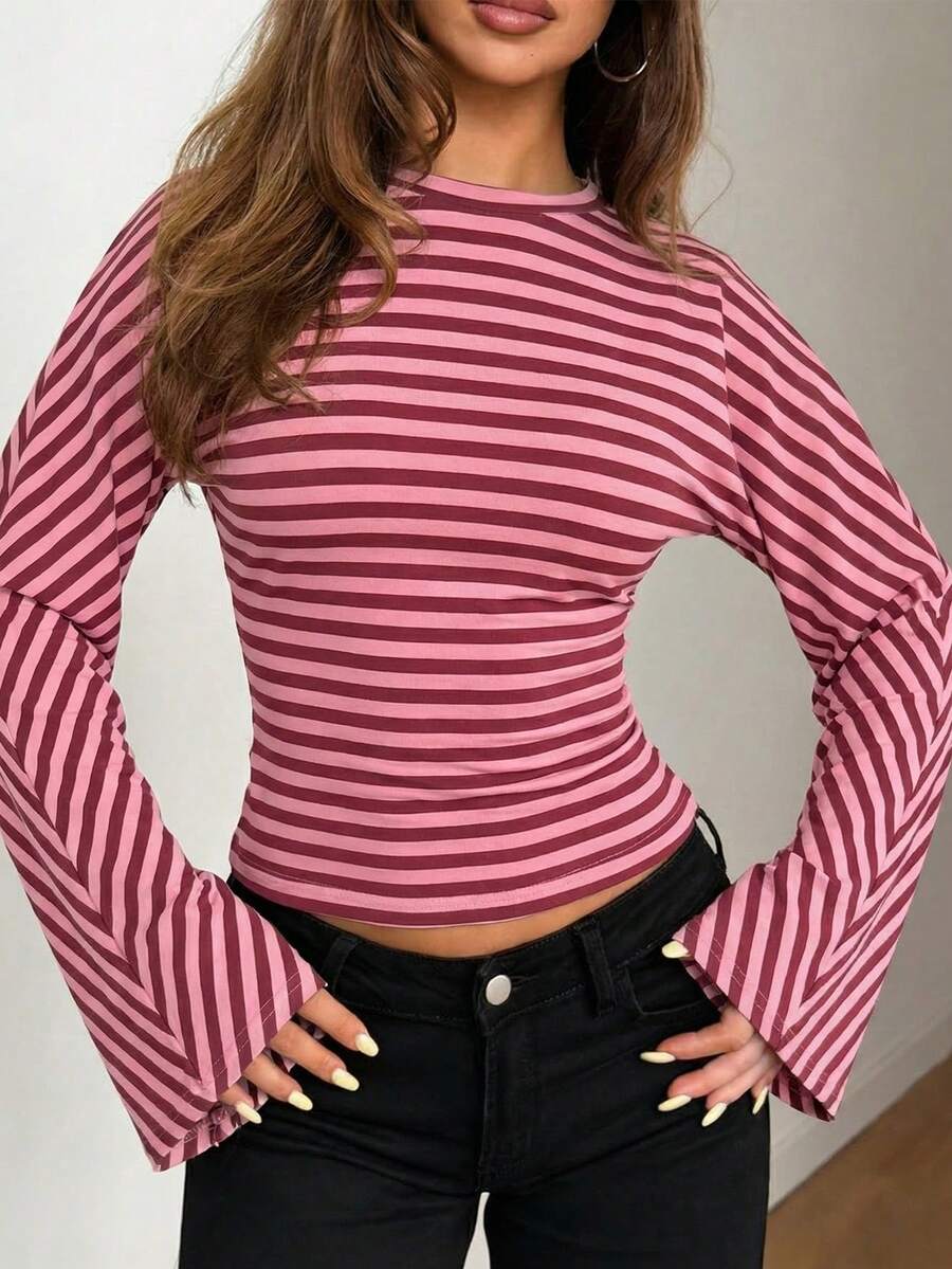 Minimalist Premium Color-Block Striped Cinched Waist Daily Date Street Party Women's Long Sleeve Top With Flared Loose Sleeves - Rusty Rose - View 1