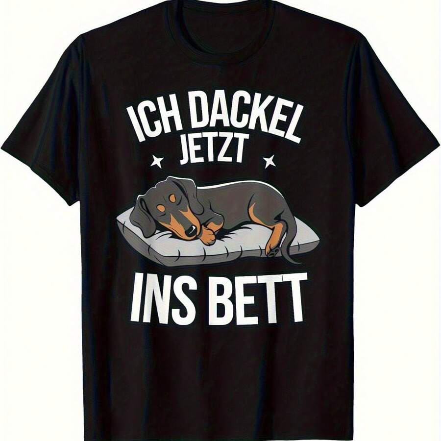 Camiseta de algodón puro para hombre con gráfico divertido de perro salchicha "Ich Dackel Ins Bestt" (frase en alemán que significa "Mi perro salchicha es el mejor"), con estampado de perro durmiendo, color negro con impresión blanca, tela suave y transpirable, mangas cortas, cuello redondo, adecuada para uso casual, diseño divertido. - Negro - Ver 1